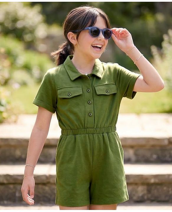 Pine Kids Cotton Lycra Knit Half Sleeves Solid Jumpsuit - Green
