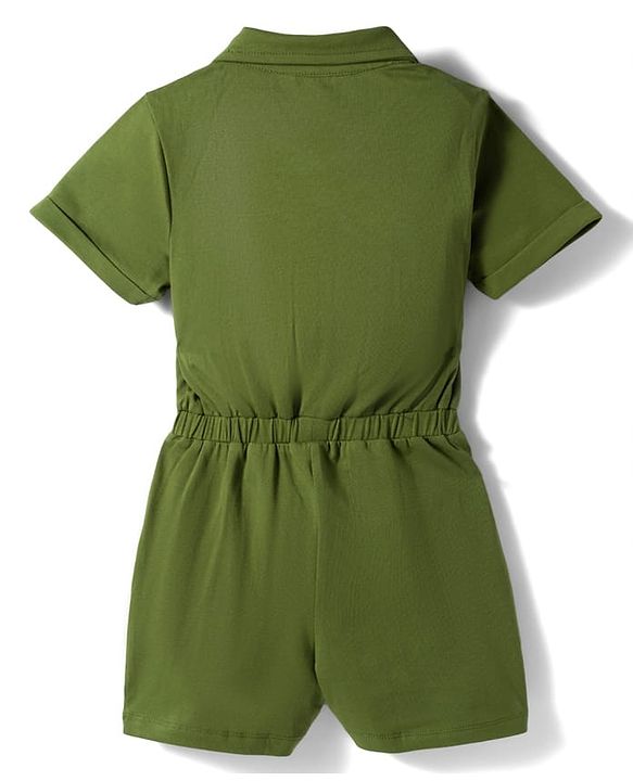 Pine Kids Cotton Lycra Knit Half Sleeves Solid Jumpsuit - Green