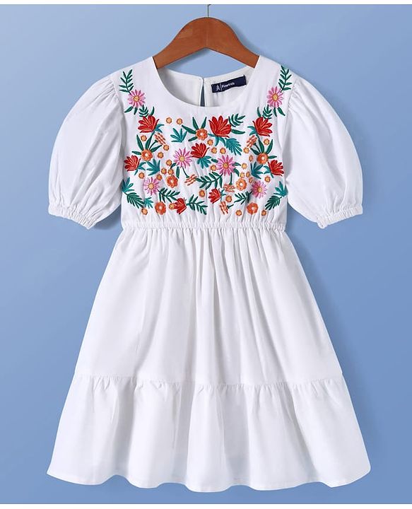 Pine Kids 100% Cotton Woven Half Sleeves Floral Embroidered Frock - White