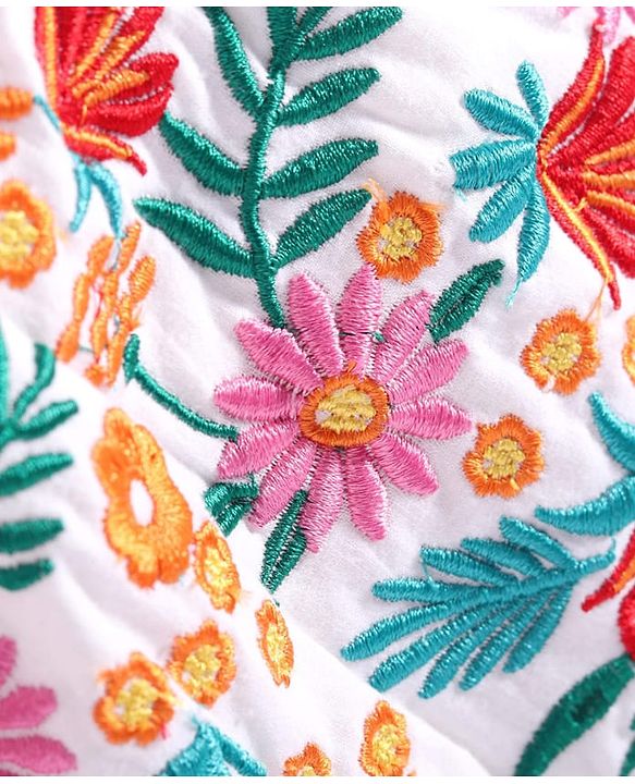 Pine Kids 100% Cotton Woven Half Sleeves Floral Embroidered Frock - White