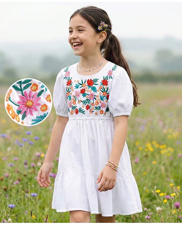 Pine Kids 100% Cotton Woven Half Sleeves Floral Embroidered Frock - White