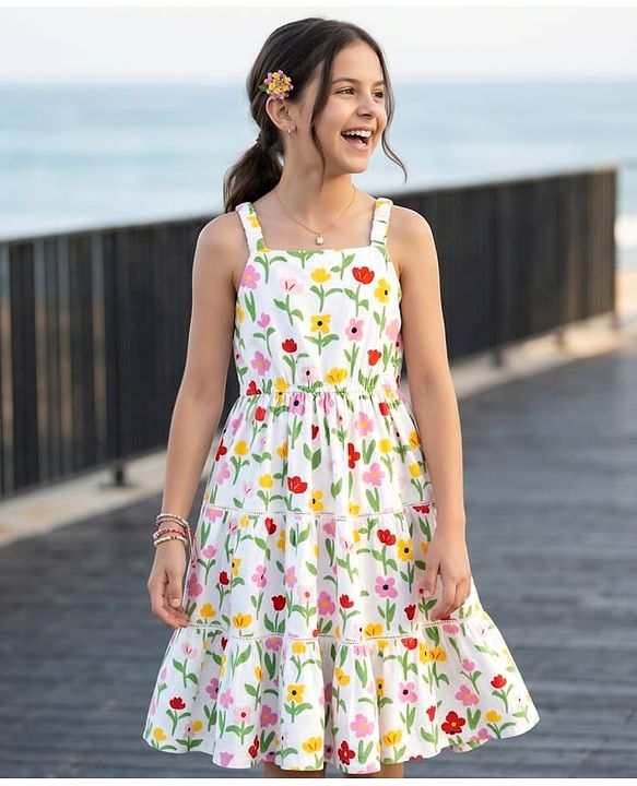 Pine Kids Cotton Knit Sleeveless Tiered Frock with Floral Print - Multicolor