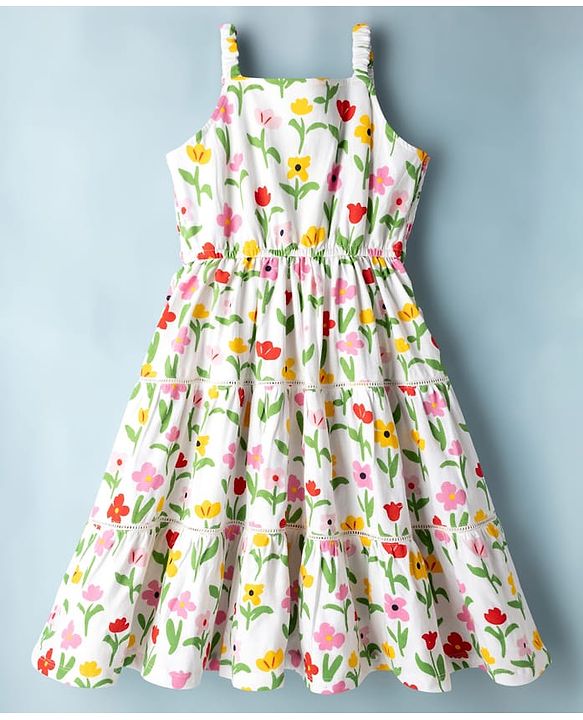Pine Kids Cotton Knit Sleeveless Tiered Frock with Floral Print - Multicolor