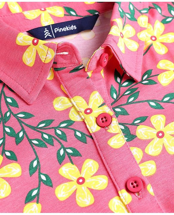 Pine Kids Cotton Woven One Piece Dresses/Frocks with Short Sleeves, Collar Neck, Floral Print Multi Color 4-5 Years