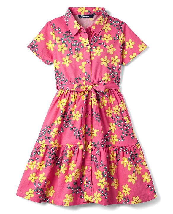 Pine Kids Cotton Woven One Piece Dresses/Frocks with Short Sleeves, Collar Neck, Floral Print Multi Color 4-5 Years