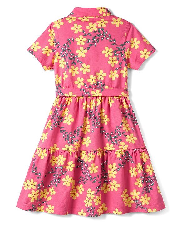 Pine Kids Cotton Woven One Piece Dresses/Frocks with Short Sleeves, Collar Neck, Floral Print Multi Color 4-5 Years