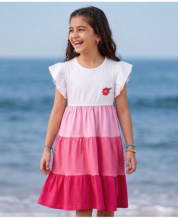 Pine Kids Cotton Knit One Piece Dresses/Frocks with Ruffled Sleeves Multicolor 5-6 Years