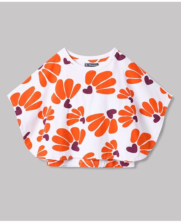 Pine Kids Cotton Knit Half Sleeves Floral Printed Poncho Top - Multicolor