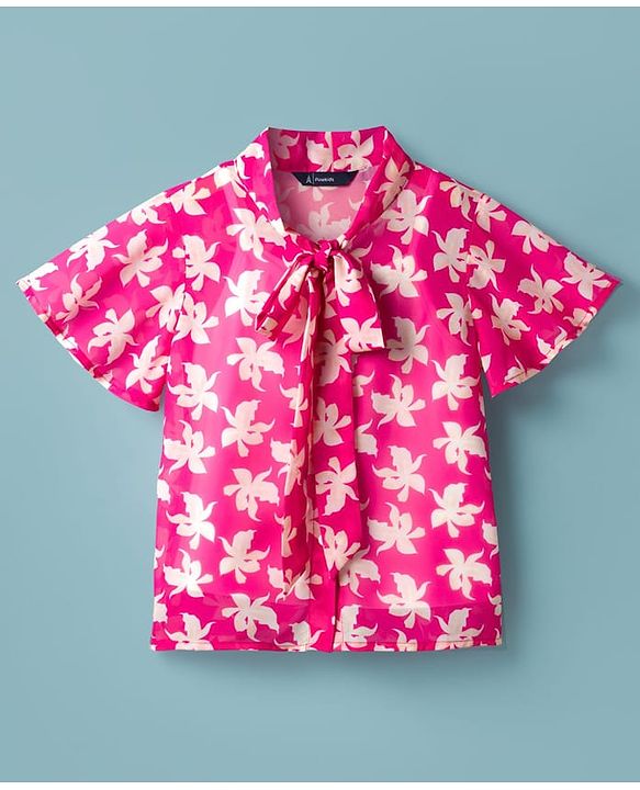 Pine Kids Woven Half Frill Sleeves Floral Printed Top With Inner Tee - Pink