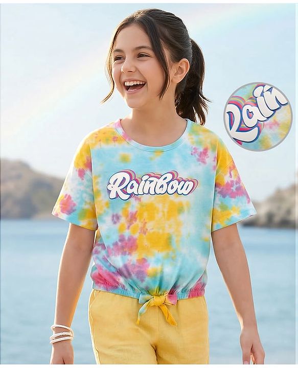 Pine Kids Cotton Drop Shoulder Knit Half Tie & Dye Top with Rainbow Print - Multicolor
