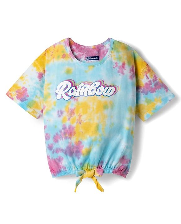 Pine Kids Cotton Drop Shoulder Knit Half Tie & Dye Top with Rainbow Print - Multicolor