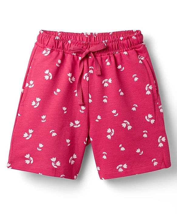 Pine Kids Looper Knit Above Knee Length Floral Printed Shorts - Dark Pink