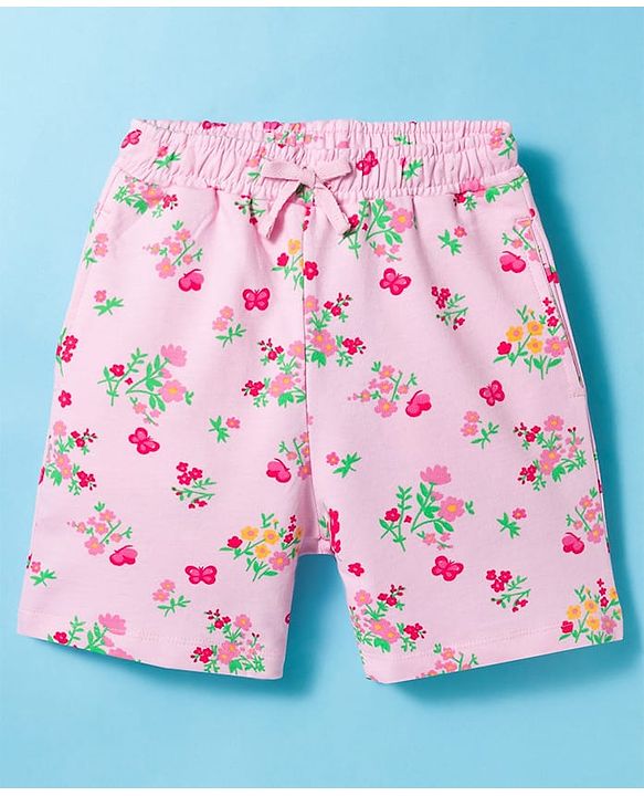 Pine Kids 100% Cotton Knit Floral & Butterfly Printed Shorts - Light Pink