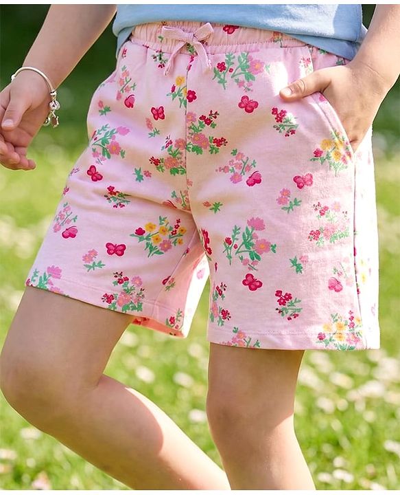 Pine Kids 100% Cotton Knit Floral & Butterfly Printed Shorts - Light Pink