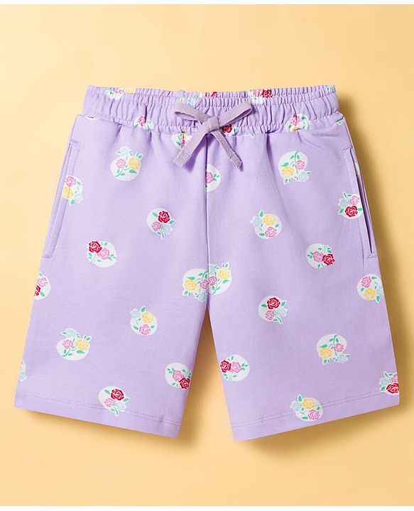Pine Kids Looper Knit Knee Length Floral Printed Shorts  - Purple