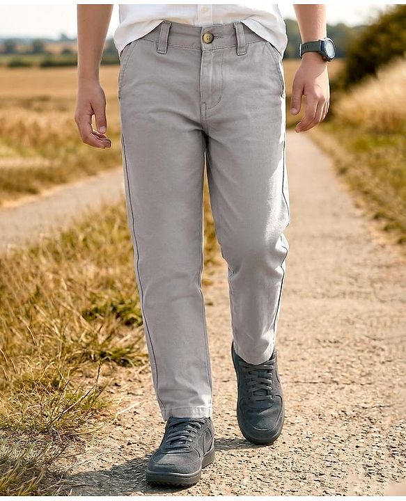 Pine Kids Cotton Elastane Woven Full Length Solid Color Trouser - Light Grey