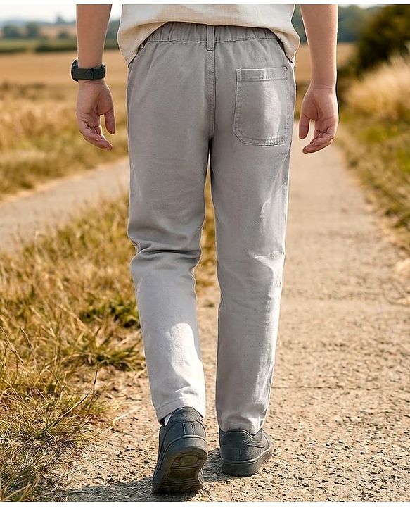 Pine Kids Cotton Elastane Woven Full Length Solid Color Trouser - Light Grey