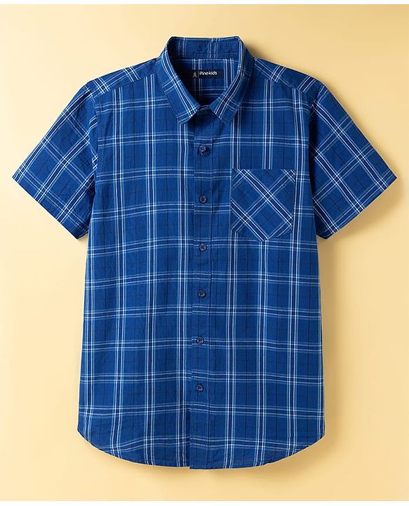 Pine Kids Viscose Woven Half Sleeves Checkered Shirt with Inner Tee - Blue