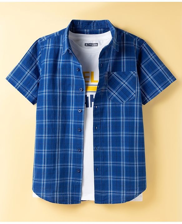 Pine Kids Viscose Woven Half Sleeves Checkered Shirt with Inner Tee - Blue