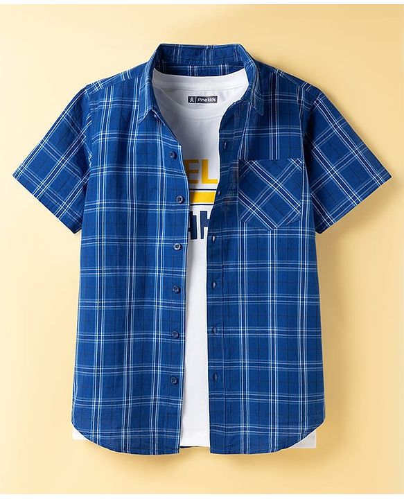 Pine Kids Viscose Woven Half Sleeves Checkered Shirt with Inner Tee - Blue