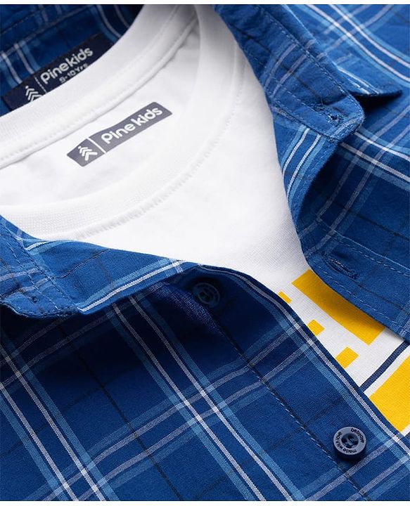 Pine Kids Viscose Woven Half Sleeves Checkered Shirt with Inner Tee - Blue