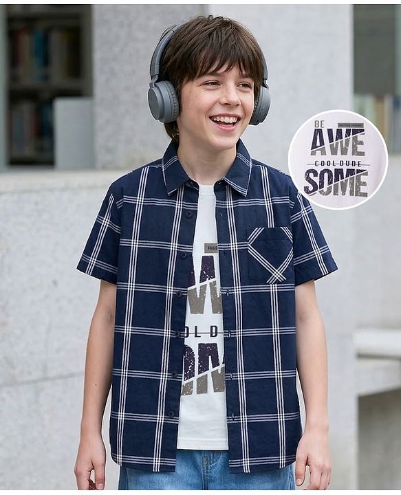 Pine Kids 100% Cotton Woven Half Sleeves Checked Shirt & T-Shirt With Text Print - Navy Blue