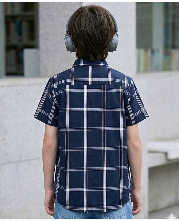 Pine Kids 100% Cotton Woven Half Sleeves Checked Shirt & T-Shirt With Text Print - Navy Blue