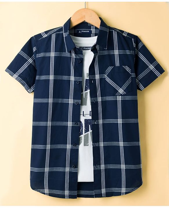 Pine Kids 100% Cotton Woven Half Sleeves Checked Shirt & T-Shirt With Text Print - Navy Blue