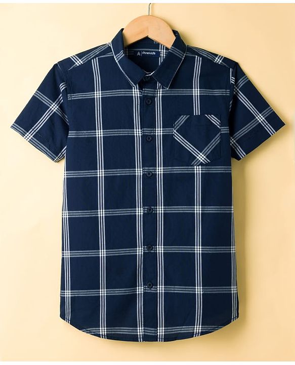 Pine Kids 100% Cotton Woven Half Sleeves Checked Shirt & T-Shirt With Text Print - Navy Blue