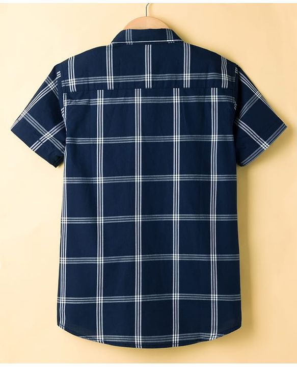 Pine Kids 100% Cotton Woven Half Sleeves Checked Shirt & T-Shirt With Text Print - Navy Blue