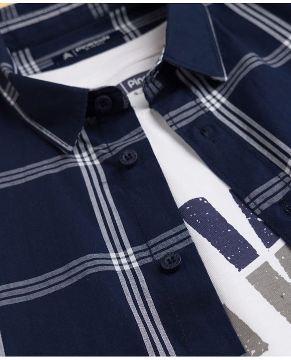 Pine Kids 100% Cotton Woven Half Sleeves Checked Shirt & T-Shirt With Text Print - Navy Blue