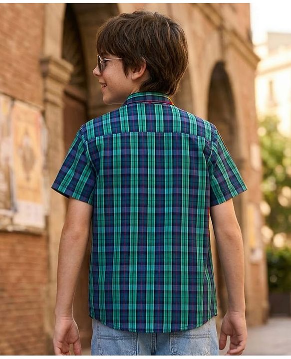 Pine Kids 100% Cotton Woven Half Sleeves Checked Shirt & T-Shirt With Vehicles Print - Multicolour