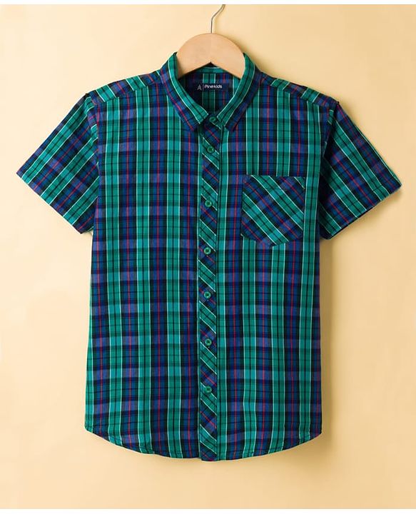 Pine Kids 100% Cotton Woven Half Sleeves Checked Shirt & T-Shirt With Vehicles Print - Multicolour