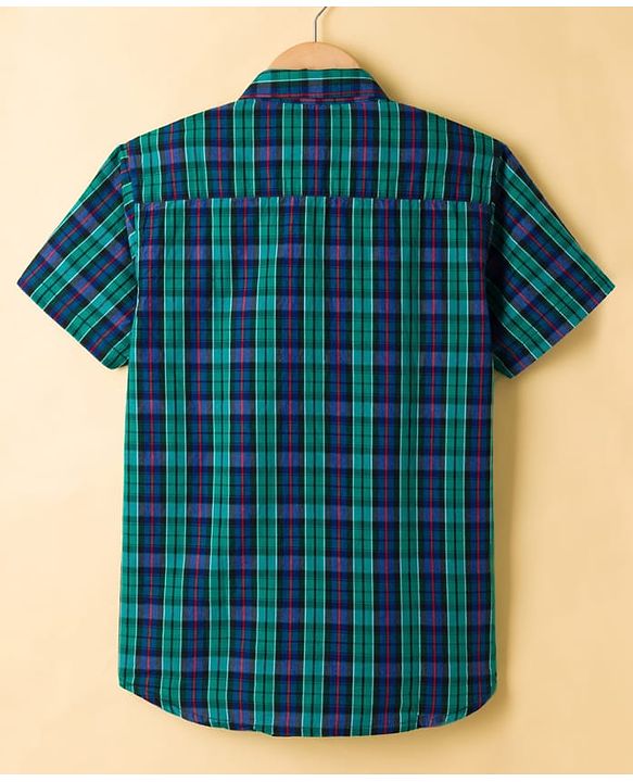 Pine Kids 100% Cotton Woven Half Sleeves Checked Shirt & T-Shirt With Vehicles Print - Multicolour