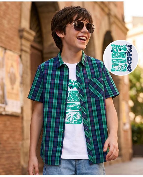 Pine Kids 100% Cotton Woven Half Sleeves Checked Shirt & T-Shirt With Vehicles Print - Multicolour