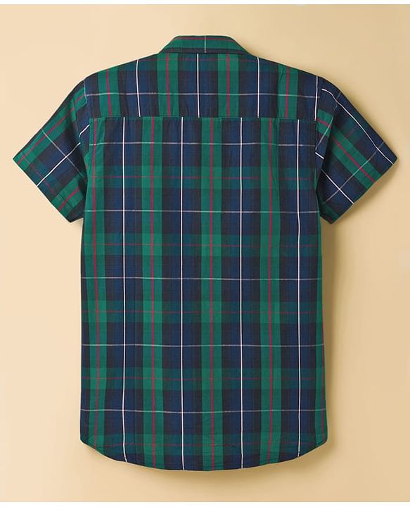 Pine Kids Cotton Woven Half Sleeves Checkered Shirt with T-Shirt - Dark Green & White
