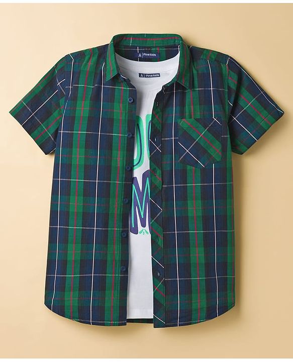 Pine Kids Cotton Woven Half Sleeves Checkered Shirt with T-Shirt - Dark Green & White