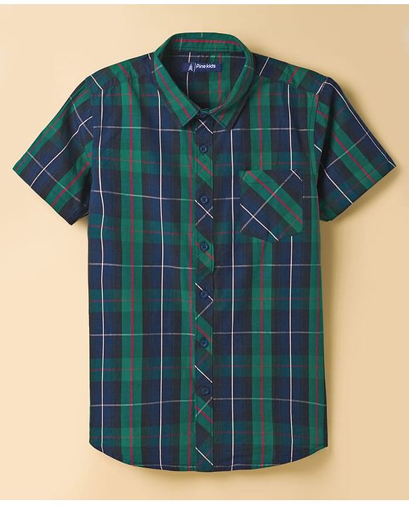 Pine Kids Cotton Woven Half Sleeves Checkered Shirt with T-Shirt - Dark Green & White