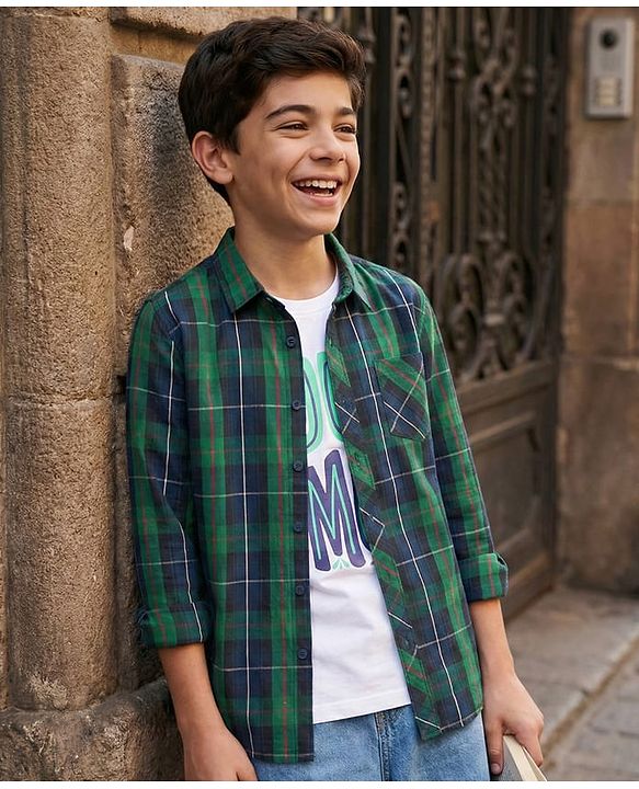 Pine Kids Cotton Woven Half Sleeves Checkered Shirt with T-Shirt - Dark Green & White