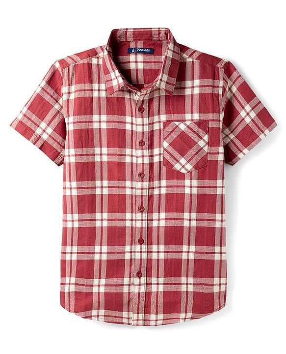 Pine Kids Cotton Woven Half Sleeves Checkered Shirt - Red