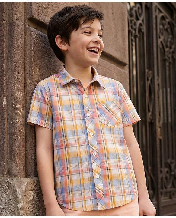 Pine Kids Cotton Woven Half Sleeves Checkered Shirt - Pink White & Yellow