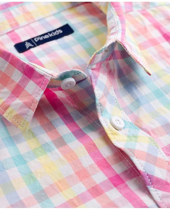 Pine Kids Cotton Woven Half Sleeves Checkered Shirt - Light Blue & Pink