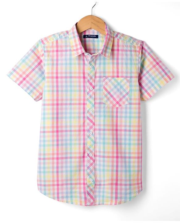 Pine Kids Cotton Woven Half Sleeves Checkered Shirt - Light Blue & Pink