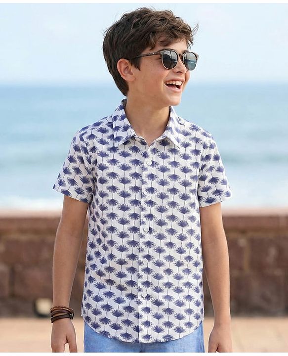 Pine Kids Cotton Woven Half Sleeves Floral Printed Shirt - White