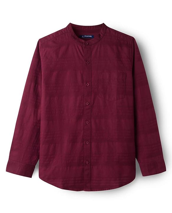Pine Kids Cotton Woven Full Sleeves Solid Color Mandarin Collar Shirt - Maroon