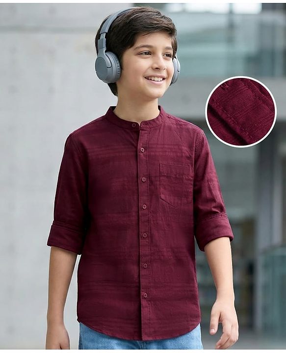 Pine Kids Cotton Woven Full Sleeves Solid Color Mandarin Collar Shirt - Maroon