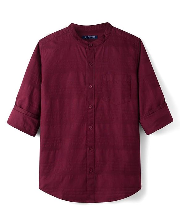 Pine Kids Cotton Woven Full Sleeves Solid Color Mandarin Collar Shirt - Maroon