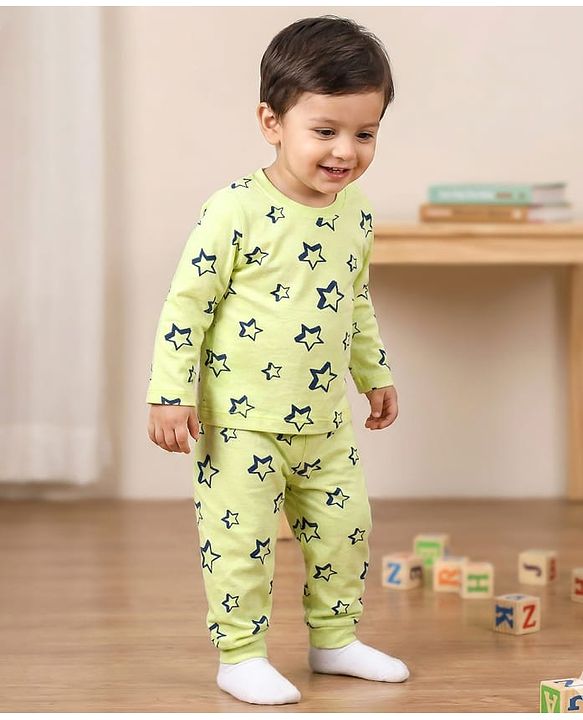 Babyhug Cotton Knit Full Sleeves T-Shirt & Pyjama Co-ord Night Suit With Star Print - Lime Green