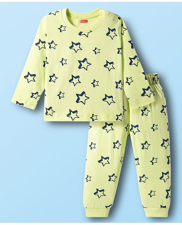 Babyhug Cotton Knit Full Sleeves T-Shirt & Pyjama Co-ord Night Suit With Star Print - Lime Green