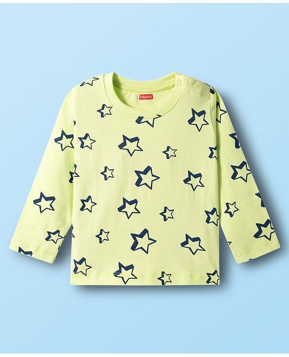 Babyhug Cotton Knit Full Sleeves T-Shirt & Pyjama Co-ord Night Suit With Star Print - Lime Green